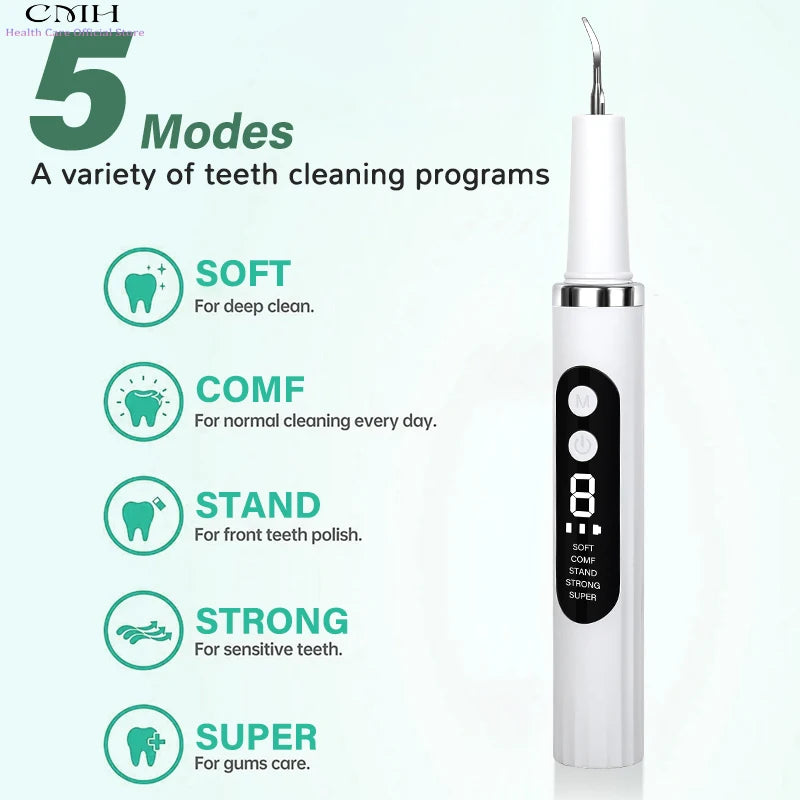 CMH Electric Tooth Cleaning Device Ultrasonic 37kHz Stain Remover Multi-Mode Dental Care Tool with 2 Replaceable Cleaning Heads