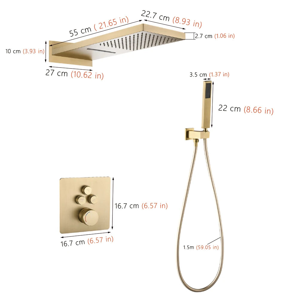 Gray Hidden Shower System Bathroom Full Copper Shower Faucet Set Waterfall Embedded Shower Tap Rainfall Concealed Mixer Crane