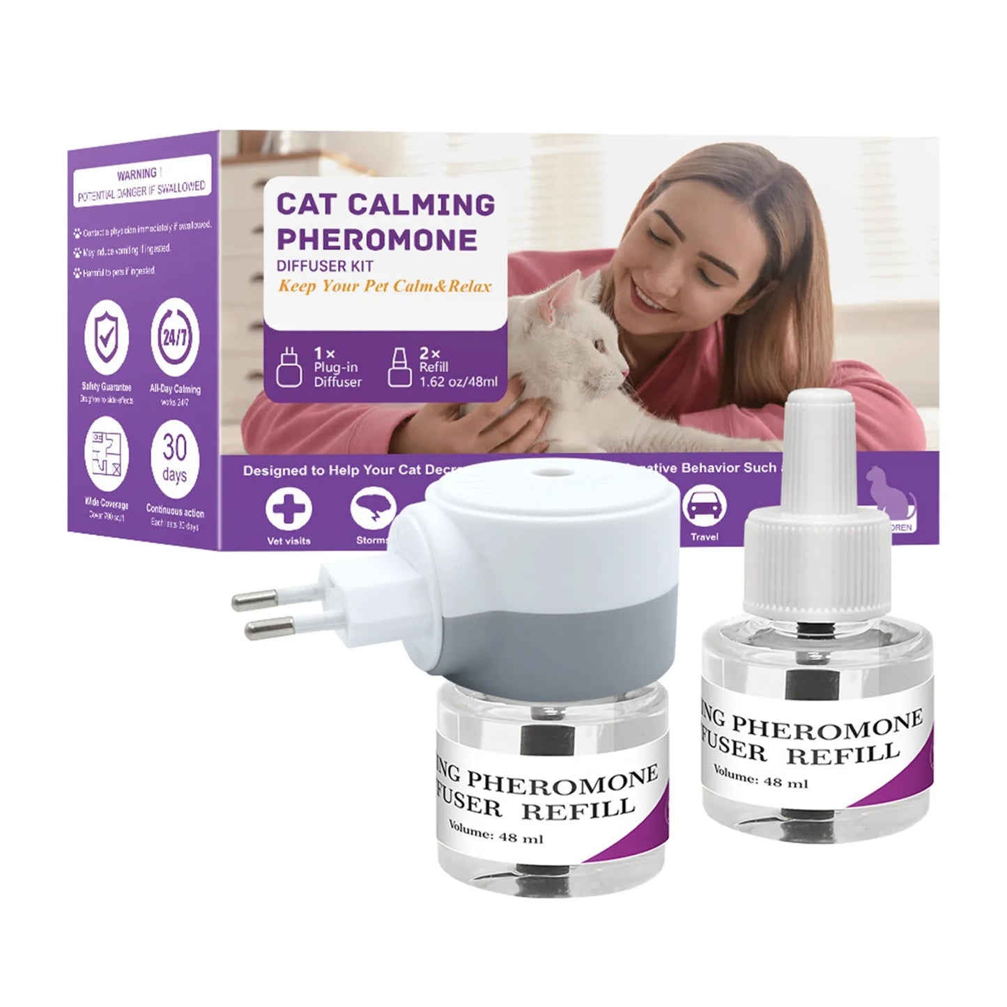 Pet Calming Diffuser with 2PCS Soothing Liquid 3 In1 Pet Pheromones Pet Relief Stress Anxiety Reduce Aggression Barking 48ml/Pc