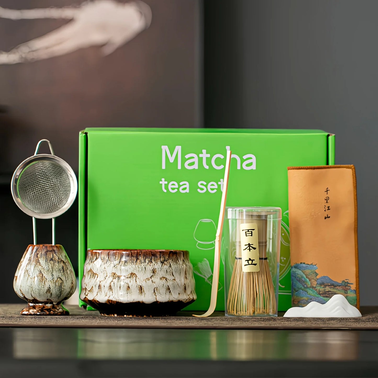 7pcs Set of Kiln-Transformed Glaze Ceramic Matcha Bowl with Tea Spoon, Filter, and Matcha Brush For Matcha Latte Tea Ceremony
