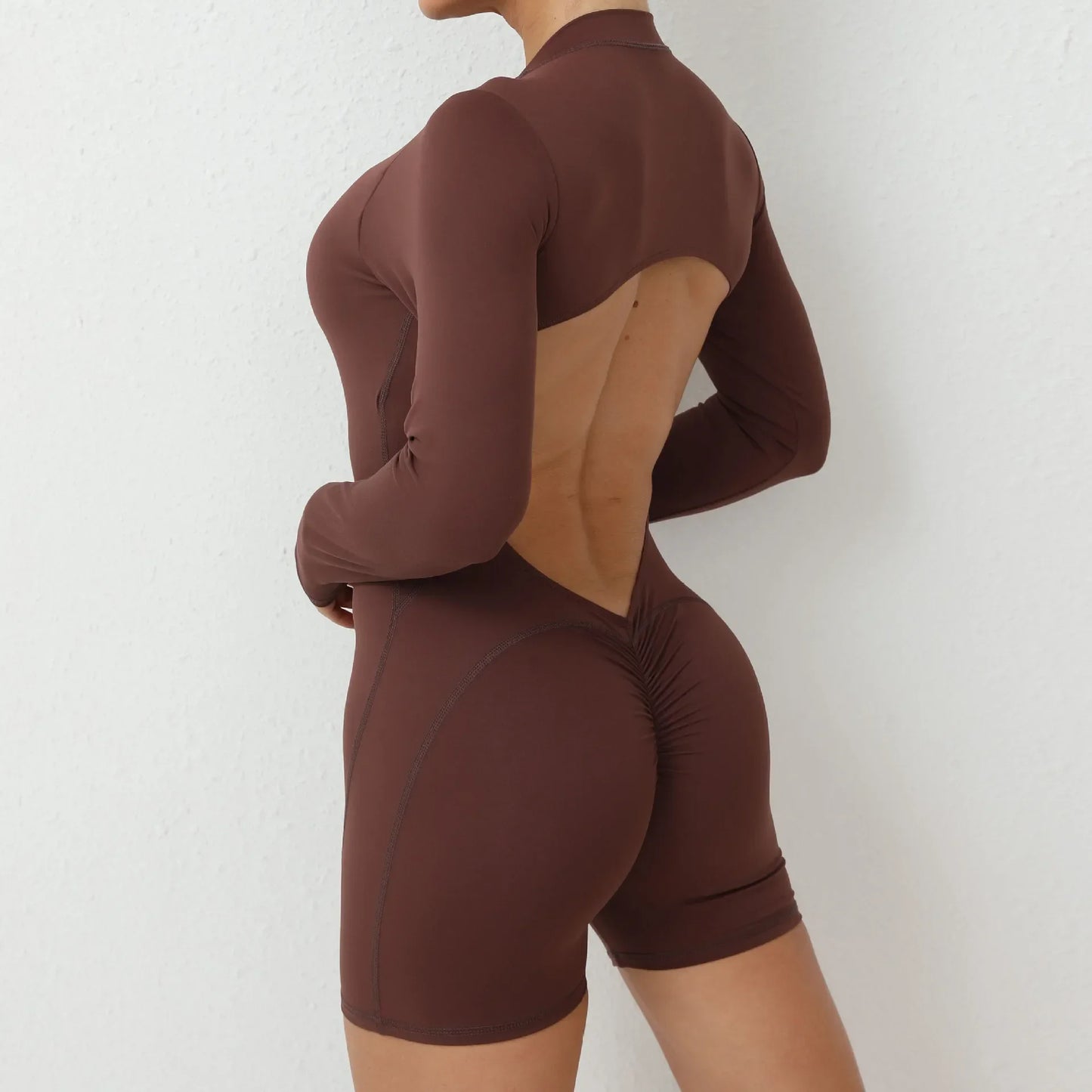 Hollow Scrunch Sport Short Jumpsuits Unitard Gym Women Romper Long Sleeve Zipper Fitness Yoga Overalls Open Back Black Monkeys