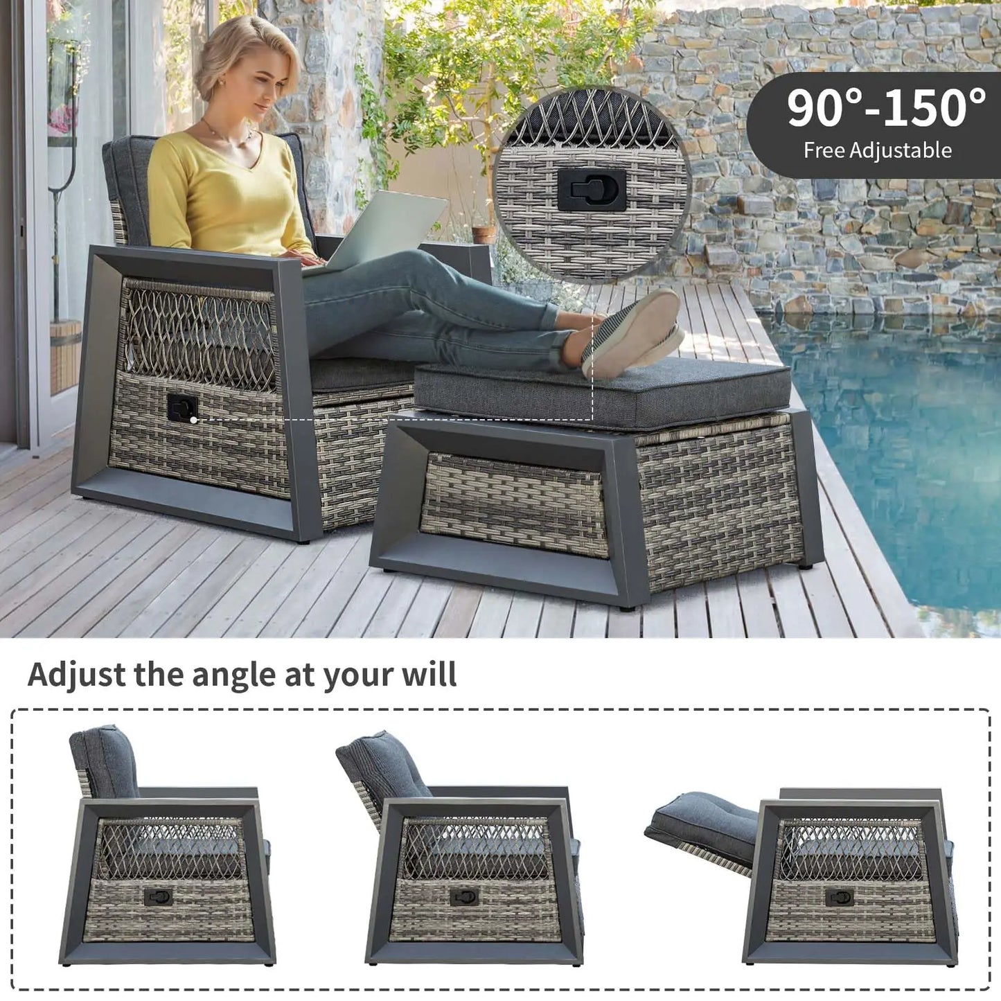 Aluminum Patio Furniture Modern Outdoor Sofa Rattan Garden Sofa with Storage Coffee Table (Grey)