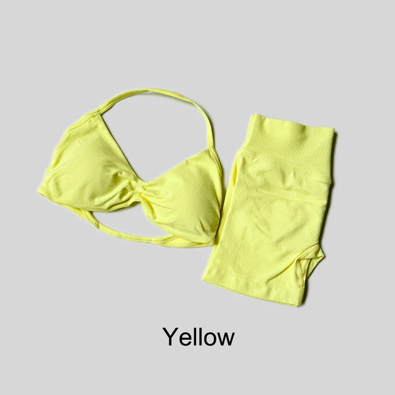 Yoga Set Fitness Gym Women Solid High Waist Peach Short Legging Halter Neck Sport Bra Athletic Gym Suit
