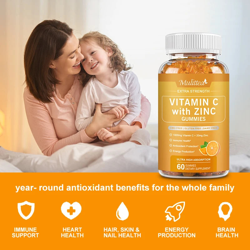 Mulittea Vitamin C with Zinc Gummies For Antioxidant Whitening Collagen Improve Immunity Skin healthDaily nutritional supplement