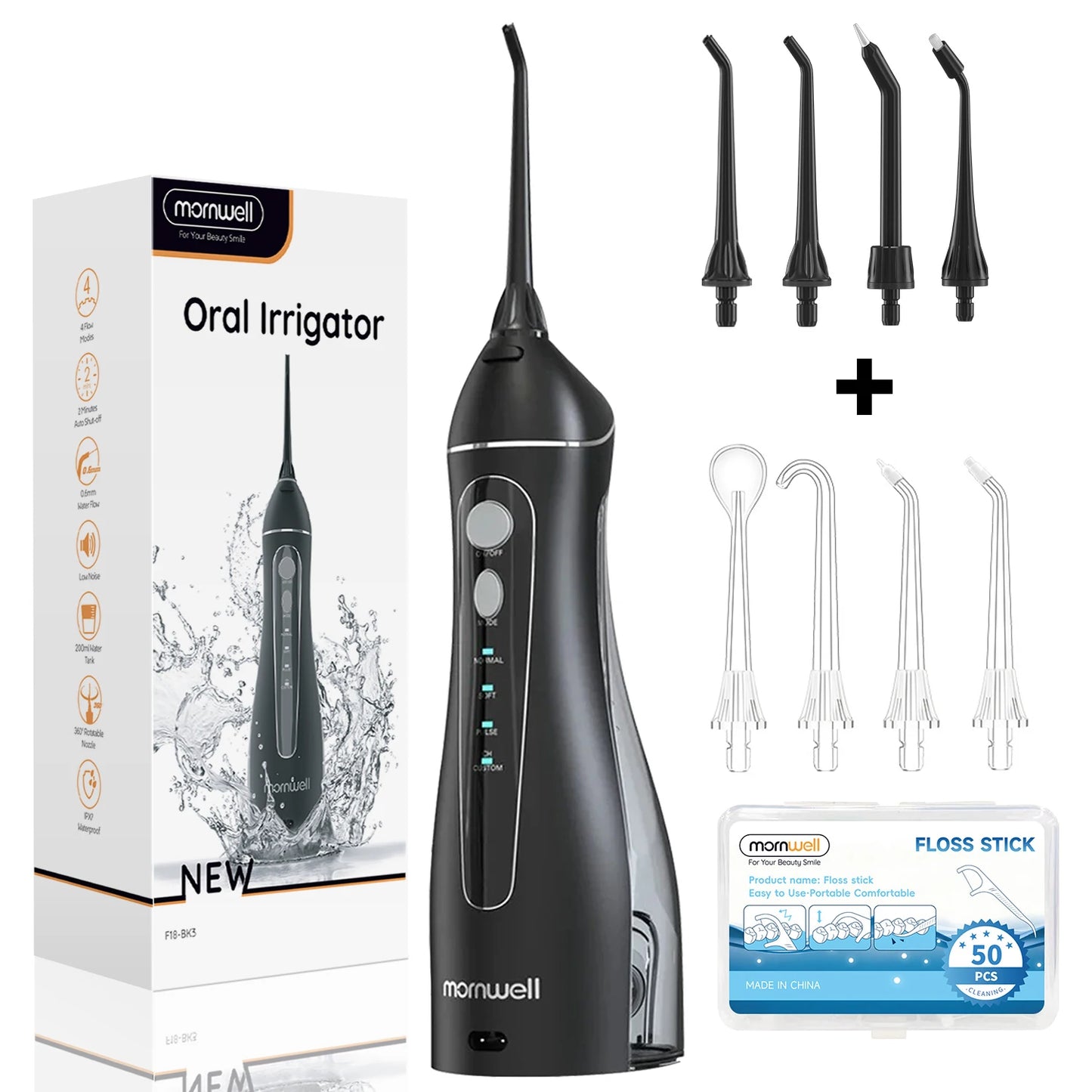 Portable F18 Water Flosser 4 Modes Water Floss USB Rechargeable 4 Nozzles Oral Water Jet 200ml Water Tank Waterproof