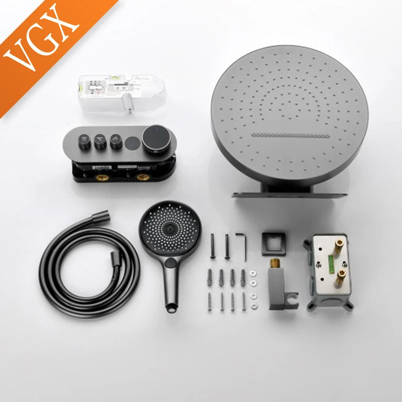 VGX Digital Shower System Concealed Shower Set Bathroom Temperature Display Shower System Rainlfall Bathroom Showers Brass Black
