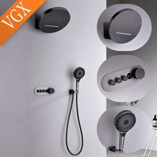 VGX Digital Shower System Concealed Shower Set Bathroom Temperature Display Shower System Rainlfall Bathroom Showers Brass Black