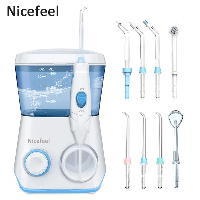 Oral Irrigator Nicefeel 600ML Dental Water Teeth Cleaner 10 Adjustable Pressure Water Flosser for Teeth Cleaning 8 Water Jet Tip