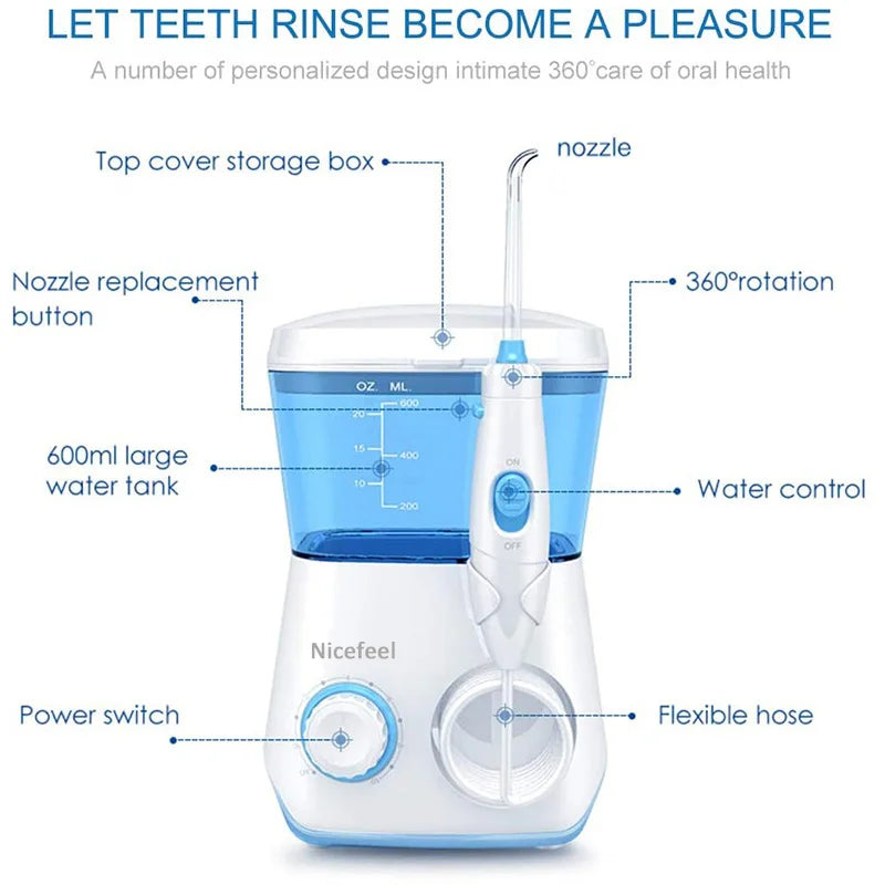 Oral Irrigator Nicefeel 600ML Dental Water Teeth Cleaner 10 Adjustable Pressure Water Flosser for Teeth Cleaning 8 Water Jet Tip