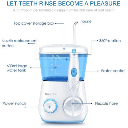 Oral Irrigator Nicefeel 600ML Dental Water Teeth Cleaner 10 Adjustable Pressure Water Flosser for Teeth Cleaning 8 Water Jet Tip