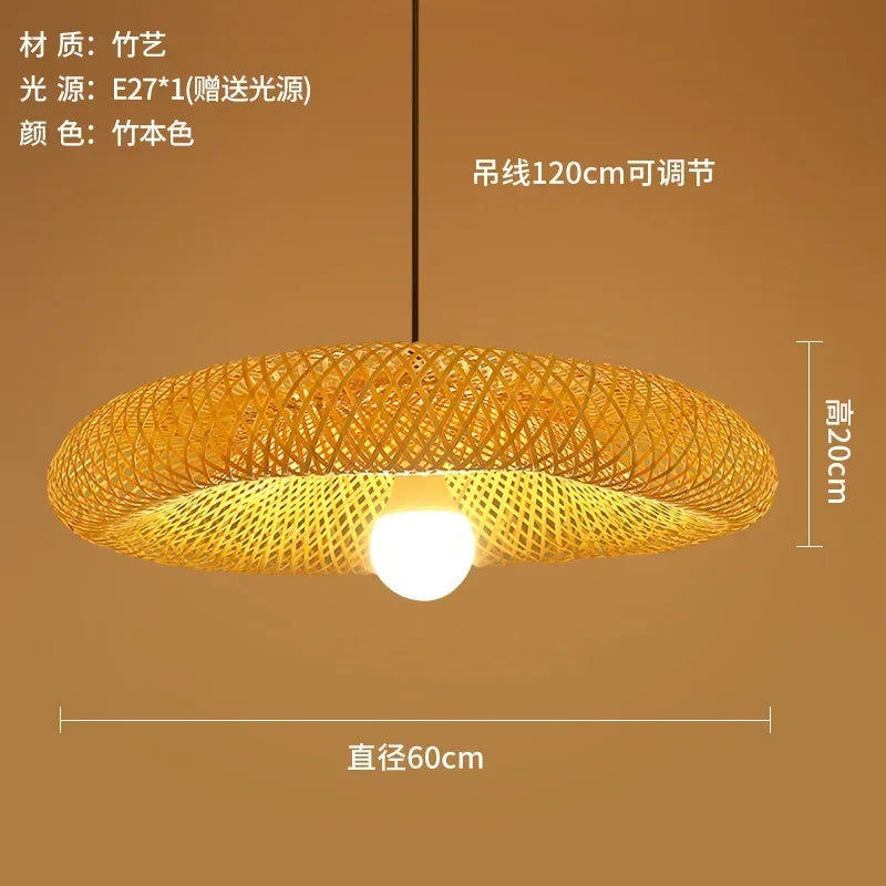 Chinese Zen Inspired Handmade Retro Bamboo Woven LED Pendant Light Living Room Lighting Decoration Rattan Woven Light