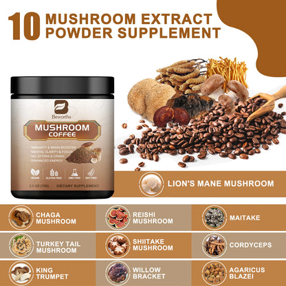 BEWORTHS Mushroom Coffee Supplement Ganoderma Lucidum Cordyceps Sinensis Energy Support Mental Clarity Brain Booster Antioxidant