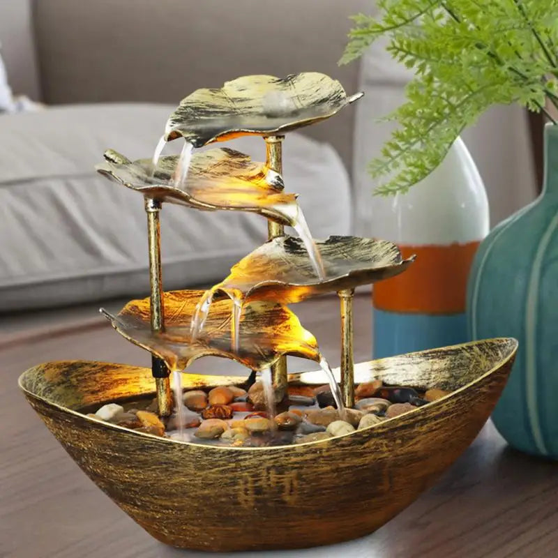 Tabletop Water Fountain 4-Tier Lotus Leaf Small Waterfall Fountain USB Desk Fountain Automatic Pump With Power Switch Home Decor