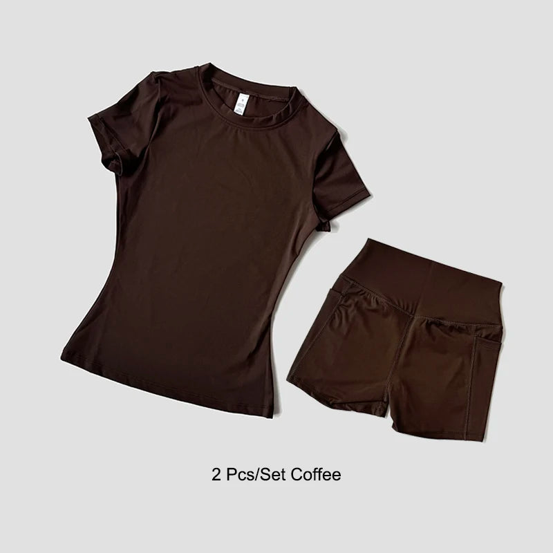 Sports Sets Fitness Hip-lifting Tight Top Short Sleeve Running Workout Gym Shorts Tracksuits For Women Breathable Sports Suits