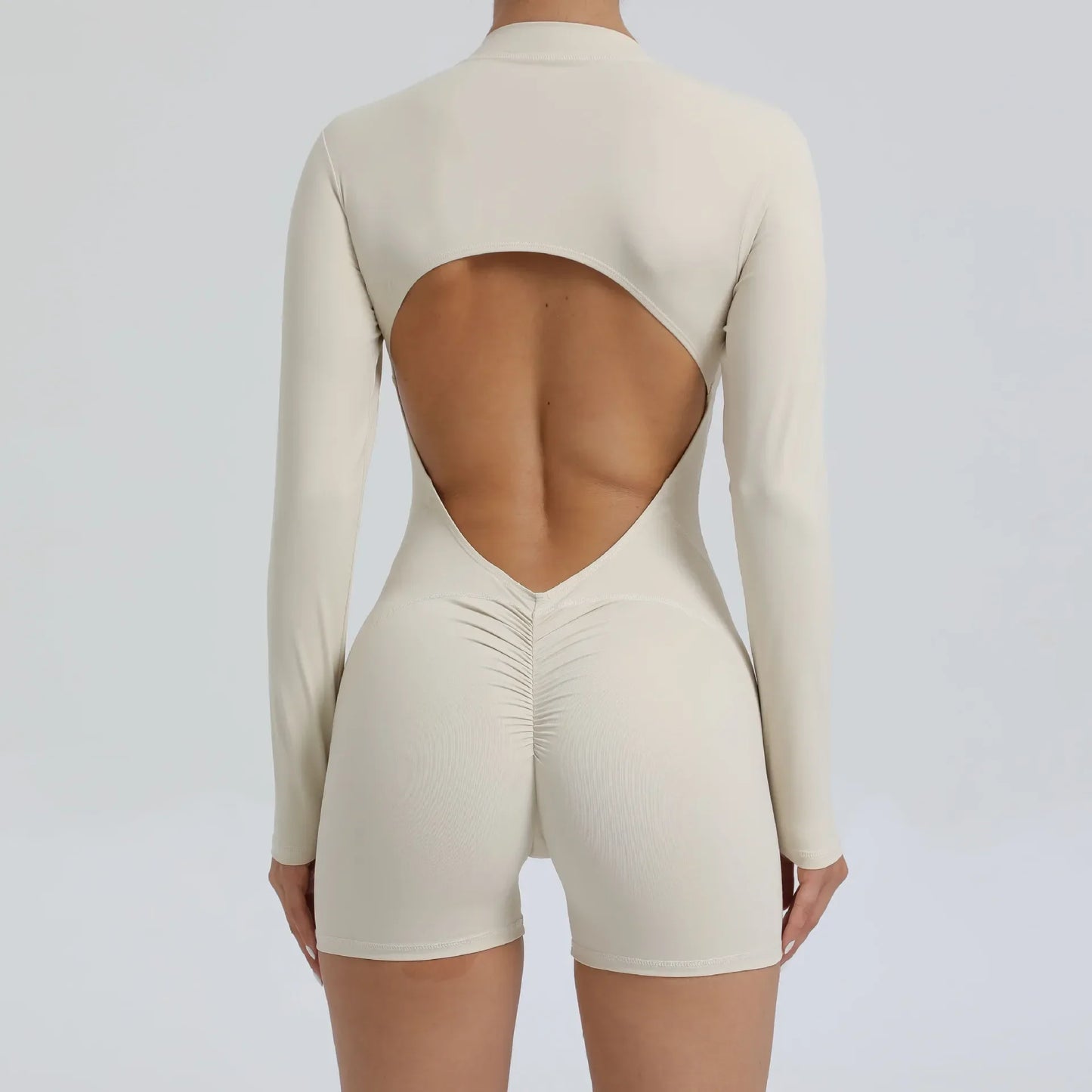 Hollow Scrunch Sport Short Jumpsuits Unitard Gym Women Romper Long Sleeve Zipper Fitness Yoga Overalls Open Back Black Monkeys