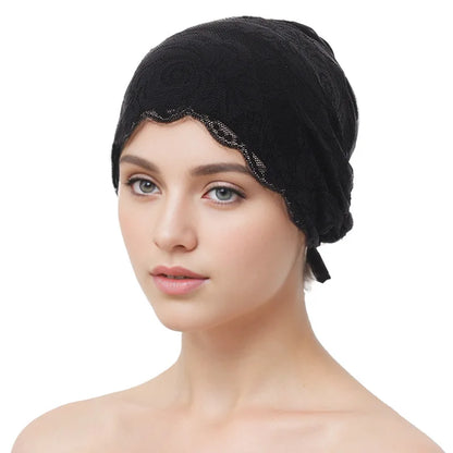 Fashion Women Tie Straps Lace Turban Hat Muslim Under Scarf Hijab Cap Islamic Female Head Wraps Lady Hair Loss Beanie Bonnet