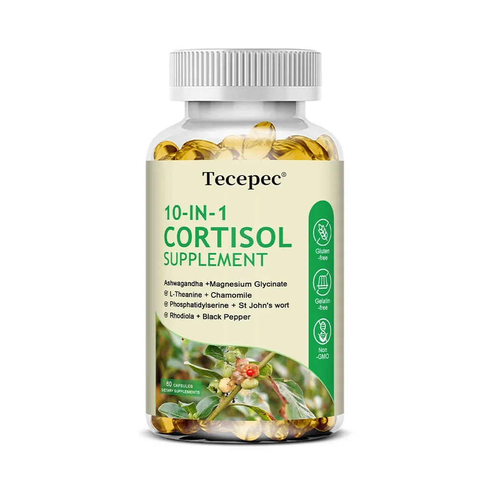 10-IN-1 Cortisol Supplements with Magnesium, Ashwagandha, Chamomile, L-Theanine,Vitamin C & D3, For Women & Men,Vegan