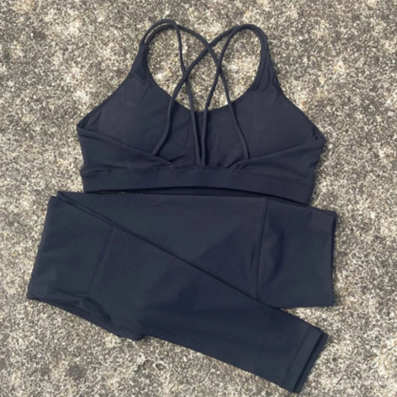 Solid Color Gym Fitness Set Tight Soft cross back Fitness Bra +compression High Waist Yoga Leggings Suit Comprehensive Training