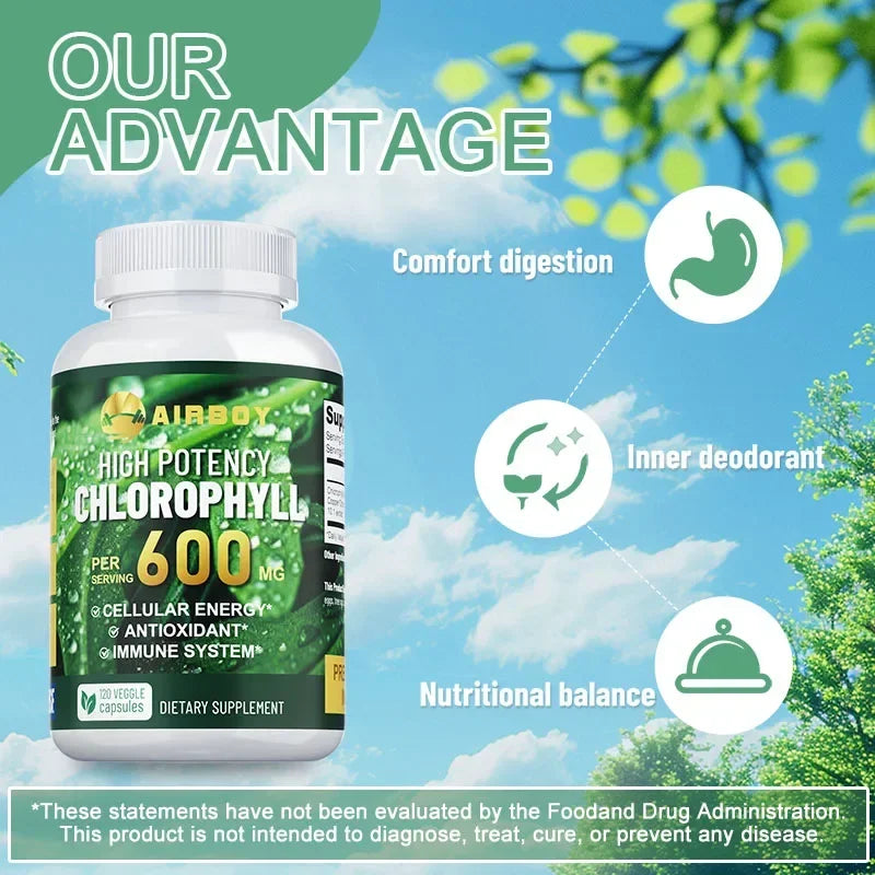 Chlorophyll Supplement 600mg - Supports The Immune System, Reduces Body Odor and Bad Breath, Boosts Energy, Antioxidant