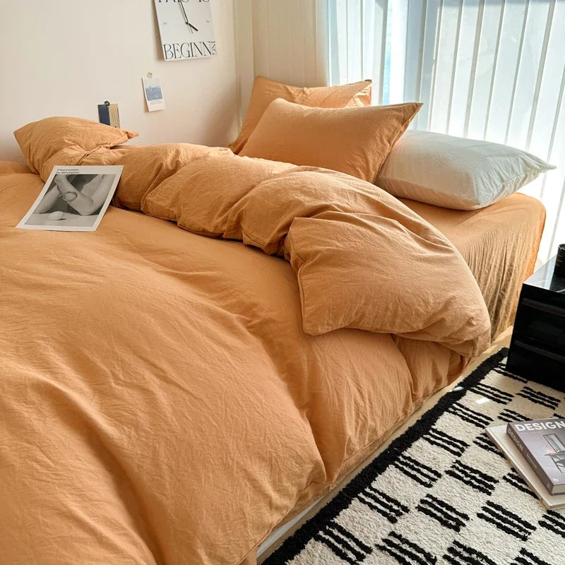 Bed Linen Solid Cotton Bedding Set with Sheet Duvet Cover Pillowcases Single Couple Bedsheet King Queen Double Twin Size