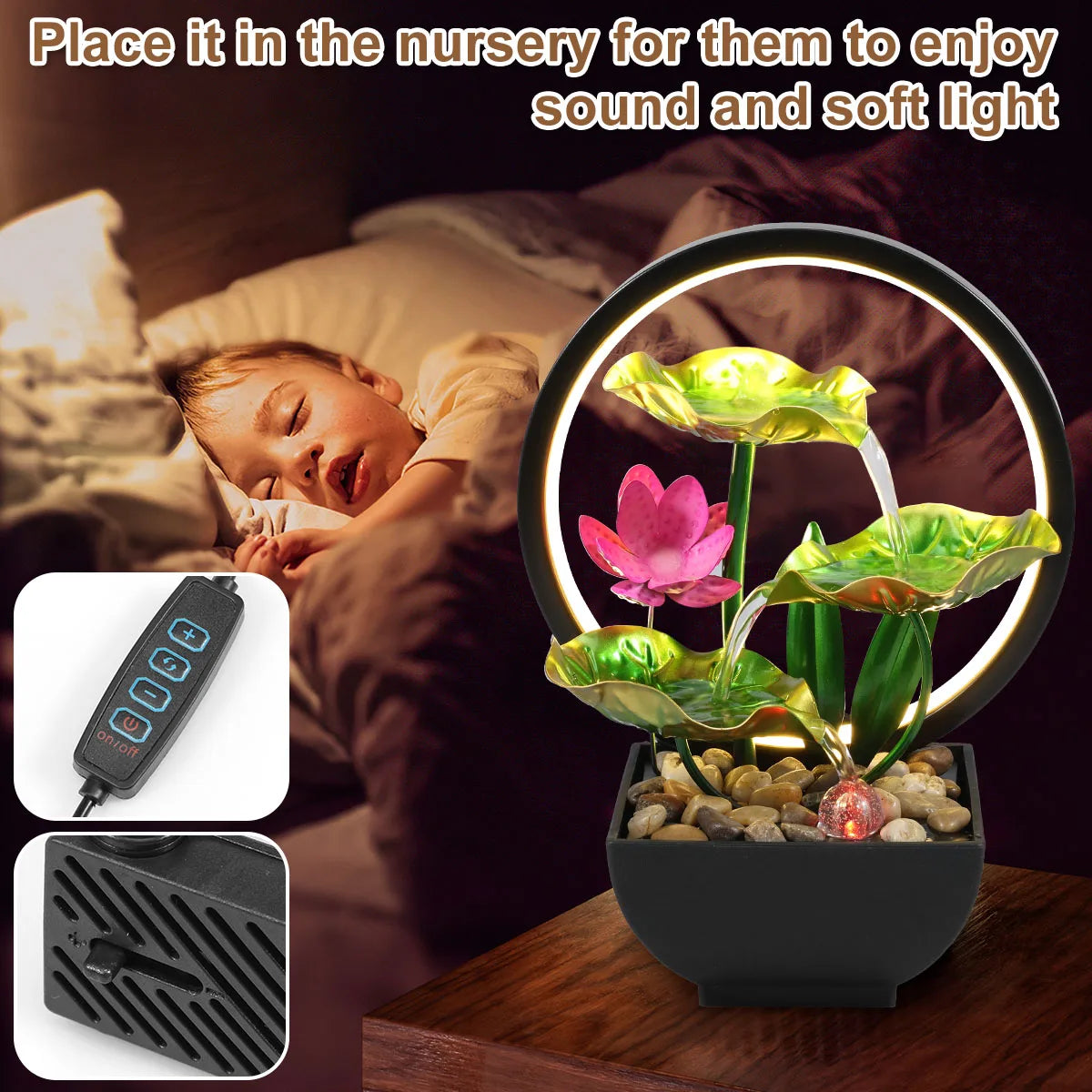 Tabletop Fountain 3-Tiers Lotus Leaf Small Waterfall Fountains Indoor Water Fountain with Rocks and LED Ring Lights Desktop