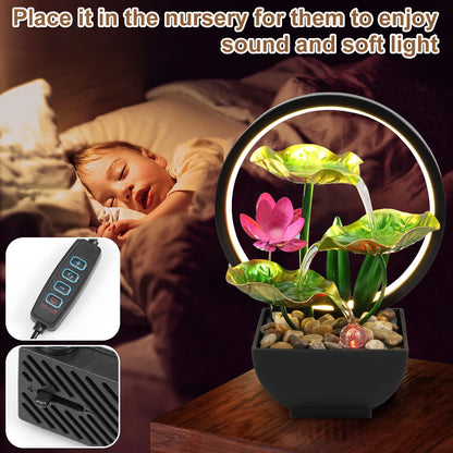 Tabletop Fountain 3-Tiers Lotus Leaf Small Waterfall Fountains Indoor Water Fountain with Rocks and LED Ring Lights Desktop