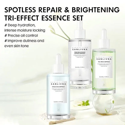 Brighten skin tand revitalizing serum capsules, tea tree facial serum, and moisturizing skincare products improve skin problems.