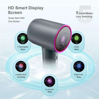 High-Speed Hair Dryer 110000RPM Leafless Negative Ion Hair Care Quick Dry Home Hairdryer 5 Smart Modes HD Screen Hot/Cold Dryer