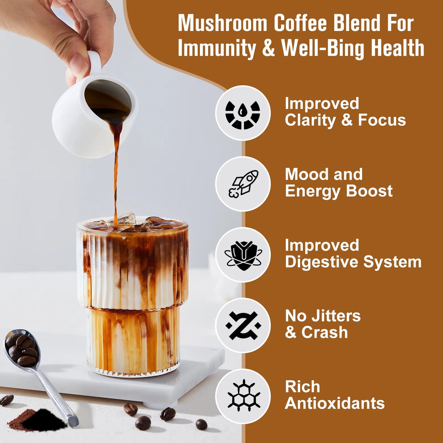 BEWORTHS Mushroom Coffee Supplement Ganoderma Lucidum Cordyceps Sinensis Energy Support Mental Clarity Brain Booster Antioxidant
