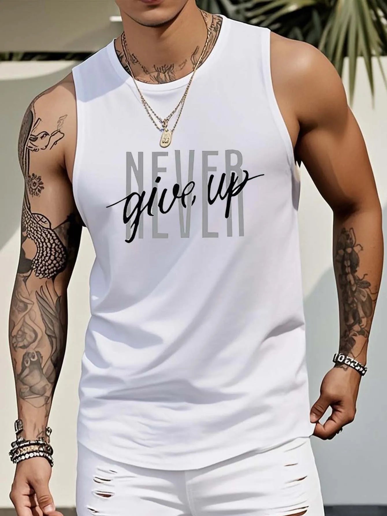 Men's' Never Give Up 'Cotton Tank Top - Breathable Sleeveless Summer Top with Round Neck Design, Suitable for Leisure