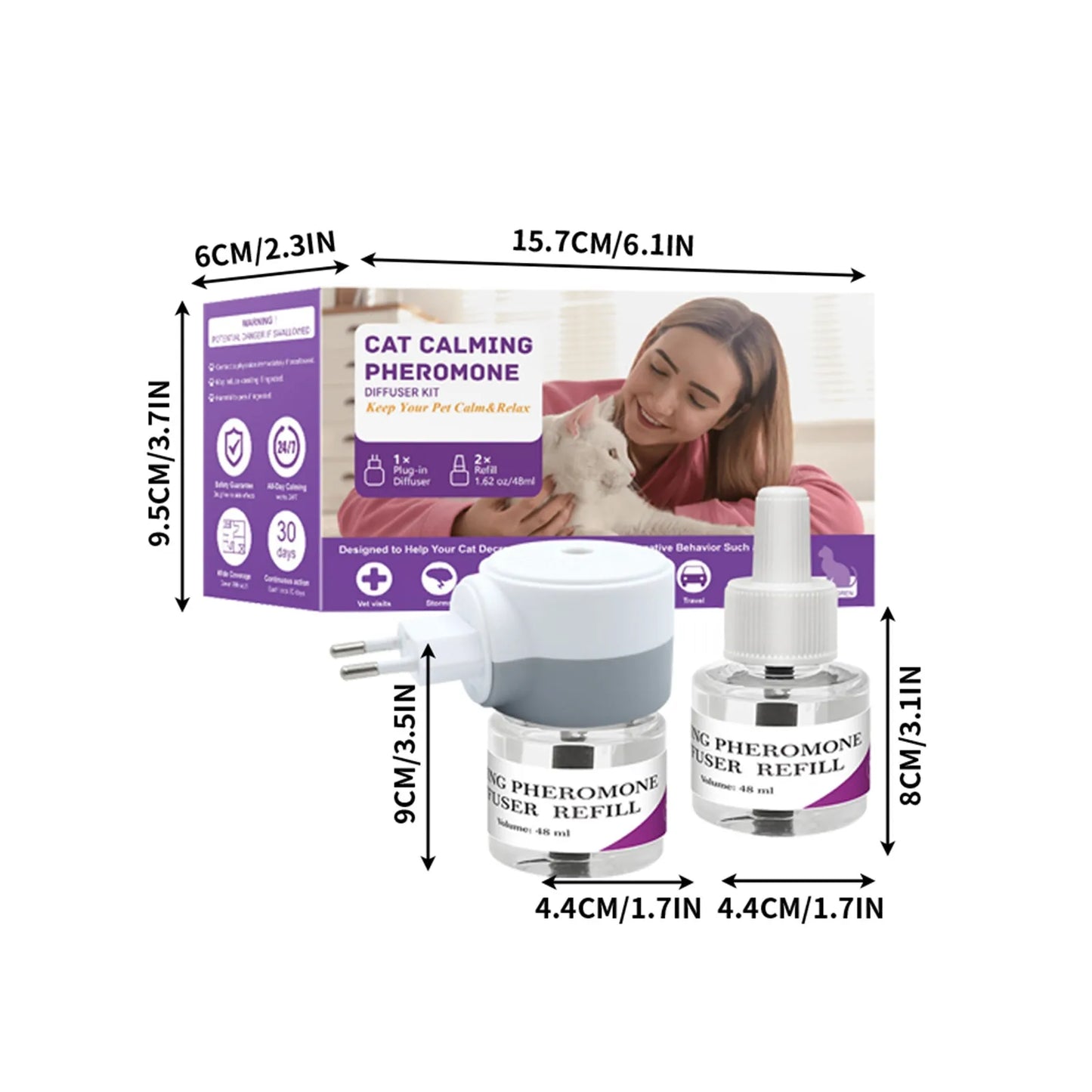 Pet Calming Diffuser with 2PCS Soothing Liquid 3 In1 Pet Pheromones Pet Relief Stress Anxiety Reduce Aggression Barking 48ml/Pc