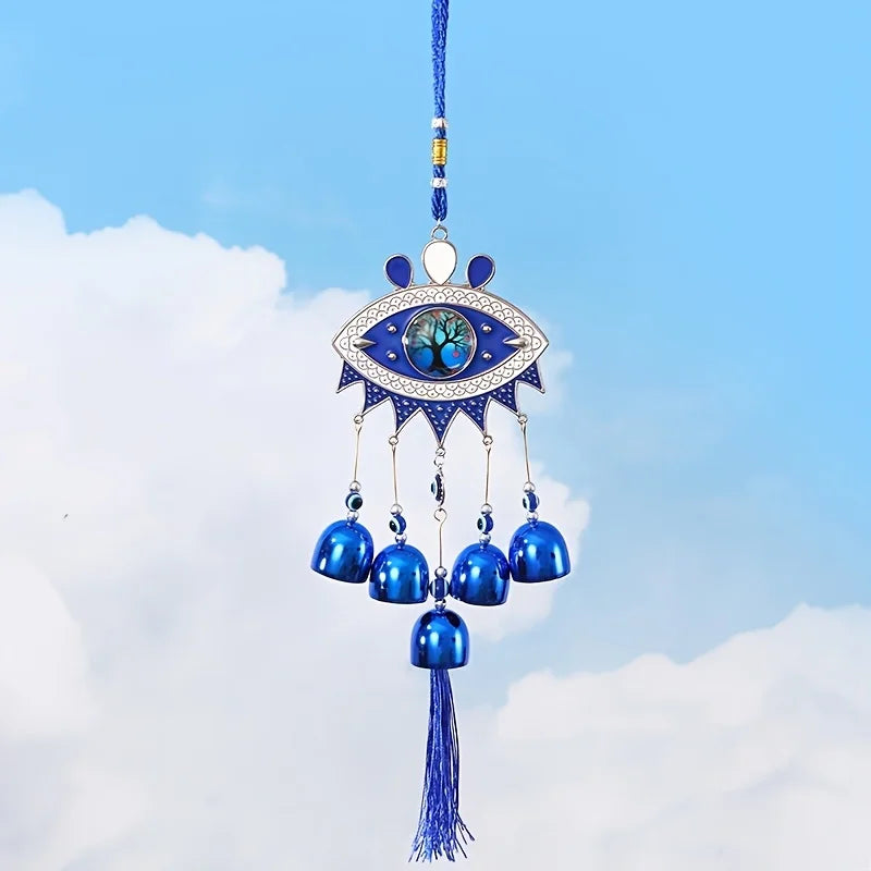Wind Chime Retro Pendant Devil's Eye Bell Wind Chime Blue Eyes Tassel Metal European and American Decorative Hanging Ornament Ethnic Wind Chime Window Outdoor Balcony Home Decoration