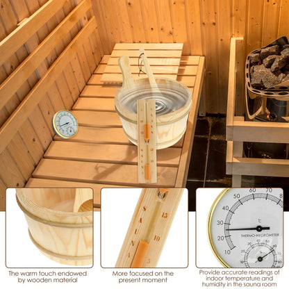 4Pcs Set Sauna Accessories Wood Sauna Bucket Sauna Spoon with Handle Design 2 in 1 Sauna Thermometer&Hygrometer Hourglass Timer