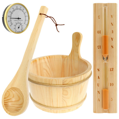 4Pcs Set Sauna Accessories Wood Sauna Bucket Sauna Spoon with Handle Design 2 in 1 Sauna Thermometer&Hygrometer Hourglass Timer