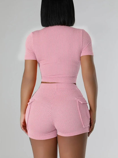 Sporty Fitness Tracksuit Women Two Piece Set Summer Knitted Ribbed Zipper Crop Top and Shorts Casual Workout Gym Yoga Sets
