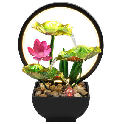 Tabletop Fountain 3-Tiers Lotus Leaf Small Waterfall Fountains Indoor Water Fountain with Rocks and LED Ring Lights Desktop