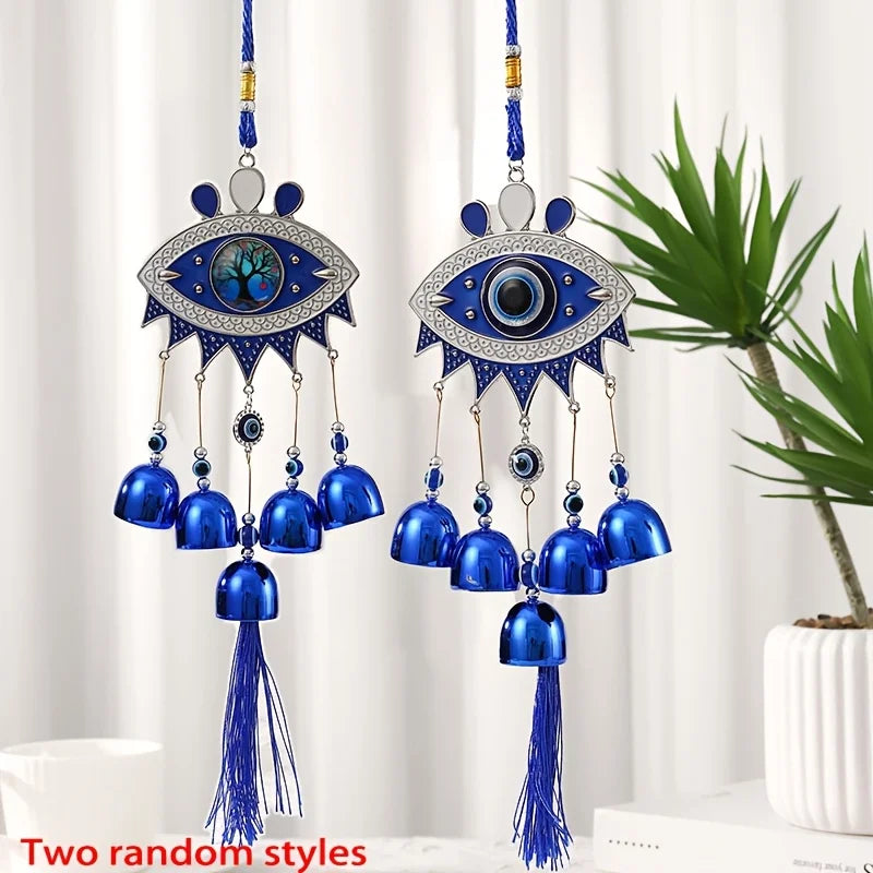 Wind Chime Retro Pendant Devil's Eye Bell Wind Chime Blue Eyes Tassel Metal European and American Decorative Hanging Ornament Ethnic Wind Chime Window Outdoor Balcony Home Decoration