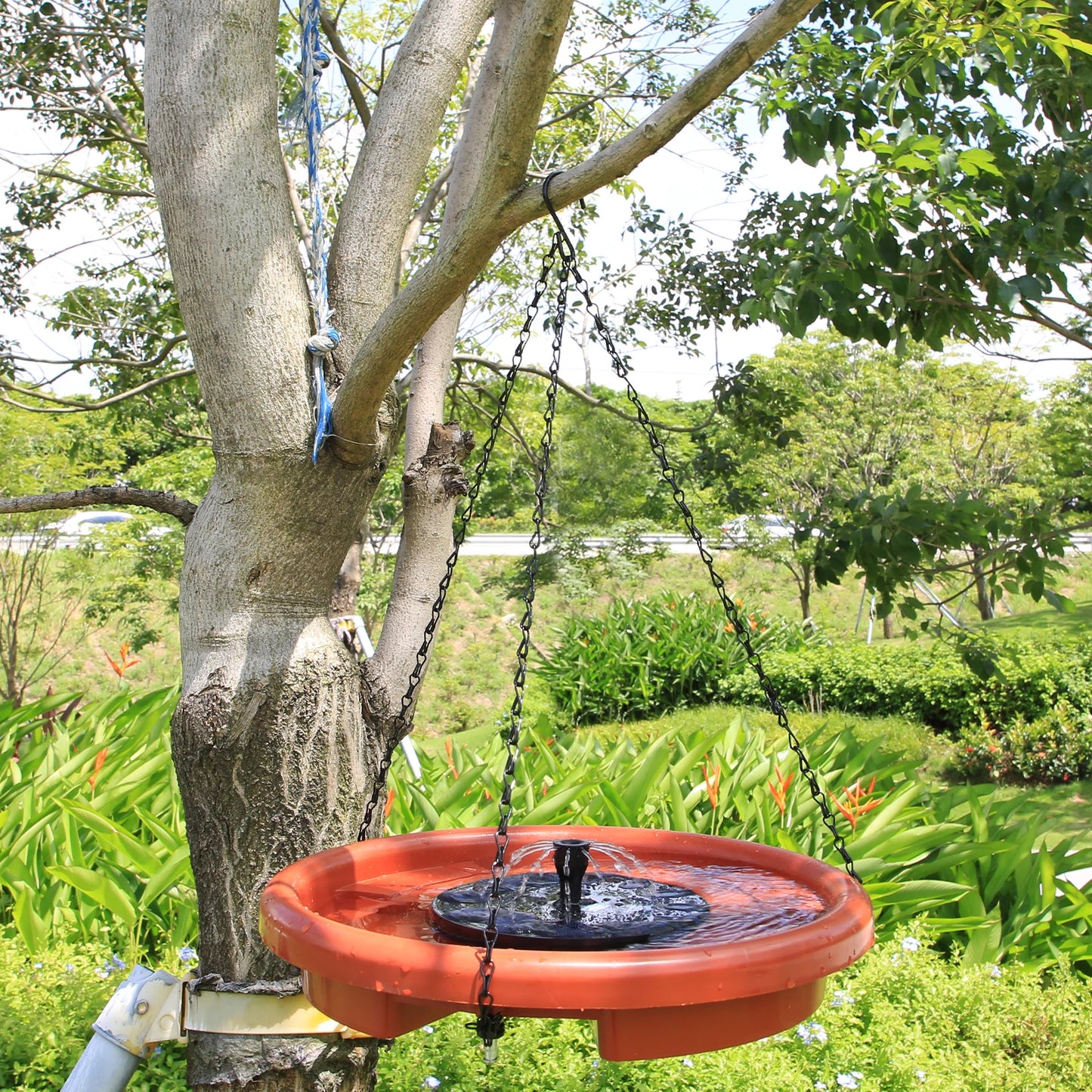 12 Inch Bird feeder Hanging Bird Bath with fountain Outdoor Bird Drinking Bird Tray with Hook and Chain for Garden Yard Patio