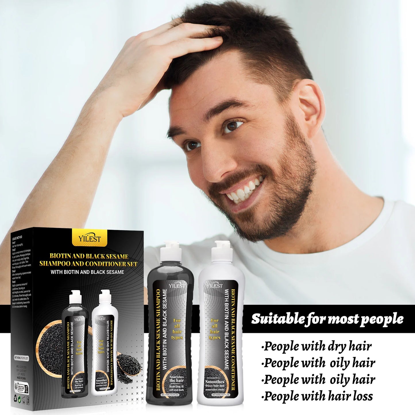 Biotin & Black Sesame Shampoo Conditioner Set Hair Repair Treatment Nourishing & Strengthening 450ml x 2 for All Hair Types