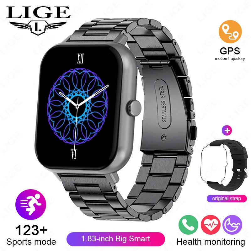 LIGE Sleep Monitoring Smart Watch 1.83” HD Screen Bluetooth Call Pedometer IP67 Waterproof 100+ Sports Modes Smartwatch Men Lady