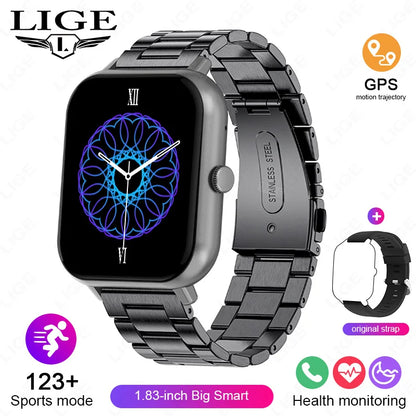 LIGE Sleep Monitoring Smart Watch 1.83” HD Screen Bluetooth Call Pedometer IP67 Waterproof 100+ Sports Modes Smartwatch Men Lady
