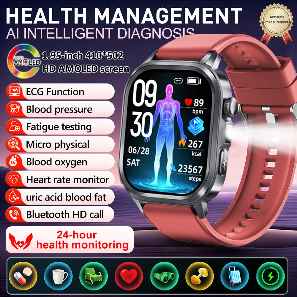 New Accurate Blood Pressure Smart Watch Uric Acid ECG+PPG Blood Oxygen Body Analysis Body Fat LED Flashlight smart watches 2025