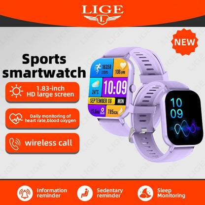 LIGE Sleep Monitoring Smart Watch 1.83” HD Screen Bluetooth Call Pedometer IP67 Waterproof 100+ Sports Modes Smartwatch Men Lady