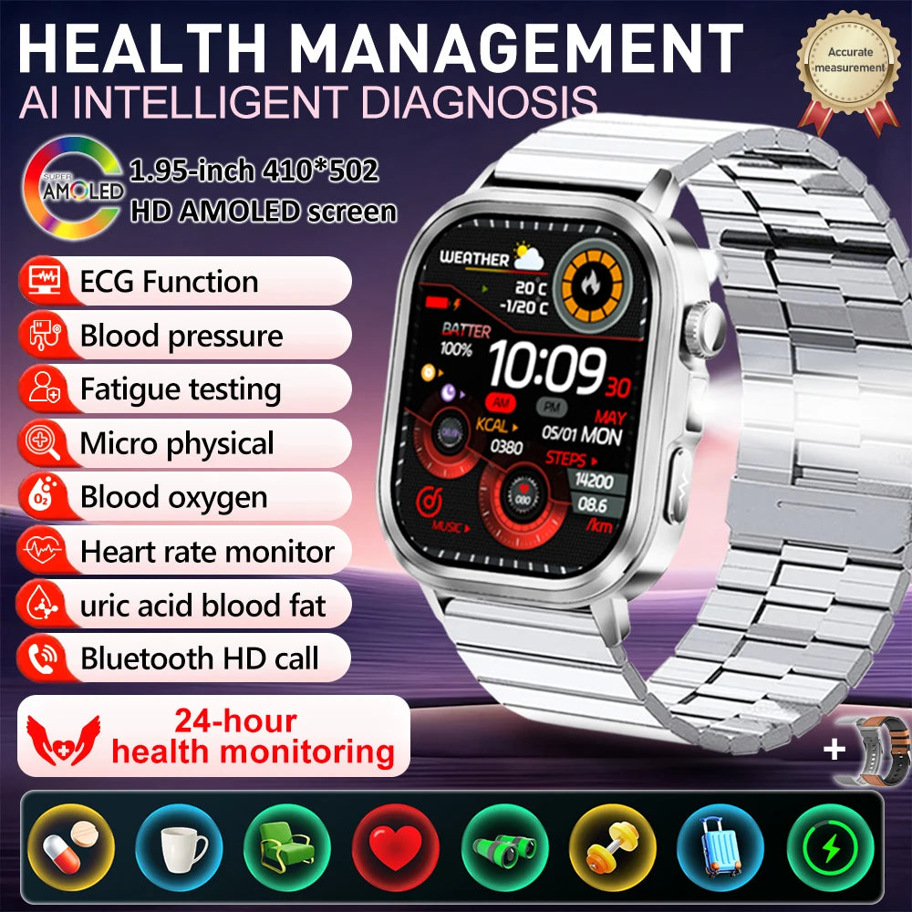 New Accurate Blood Pressure Smart Watch Uric Acid ECG+PPG Blood Oxygen Body Analysis Body Fat LED Flashlight smart watches 2025