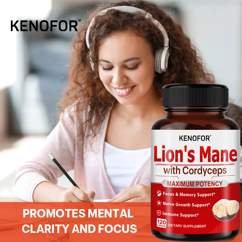 Lion's Mane - Supplement Capsules for Brain Health, Support for Focus, Memory Function - Immune & Nervous System Supplement