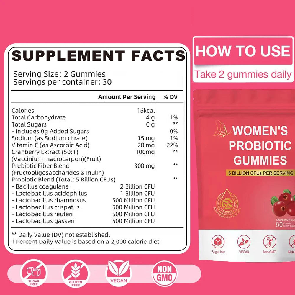 Women's Probiotic Gummies - Feminine Vaginal Probiotic Yeast pH Balance Gummies, Cranberry Probiotics for Women Vaginigal Health