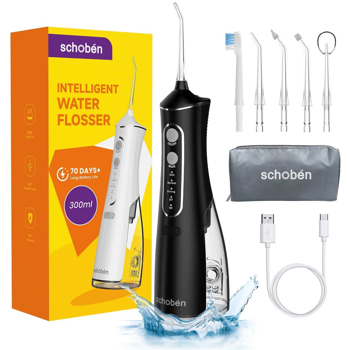 Schoben Portable Oral Irrigator USB Rechargeable Water Flosser Dental Water Jet 330ML Water Tank IPX7 Waterproof Teeth Cleaner