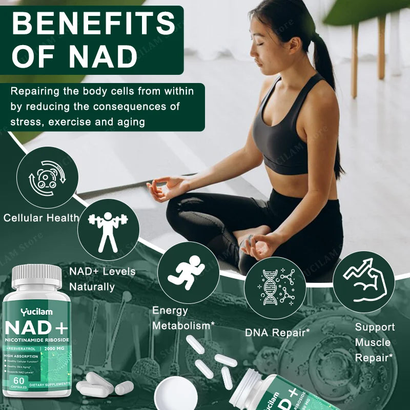 NAD+ Resveratrol Supplement - Anti-Aging, Energy Boost, Cell Repair, Skin Health, Brain Cognition - Provides Sustained Vitality