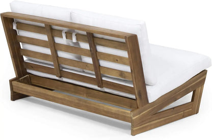 Great Deal Furniture Kaitlyn Outdoor Acacia Wood Loveseat with Cushions, Teak and White