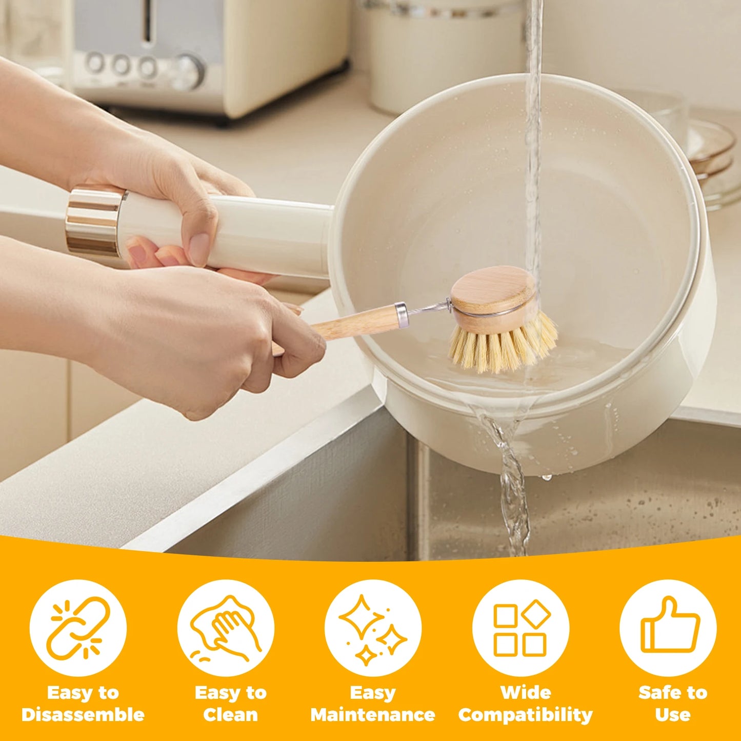 4/5Pcs Bamboo Dish Brush Set Pot Cleaning Brush Long Handle Kitchen Dishes Scrubber Strong Decontamination Rust Removal Utensils